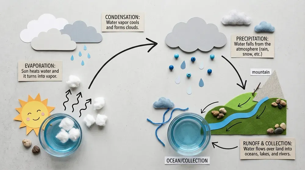 Infografik zum Wasserkreislauf, zusammengestellt aus Alltagsgegenständen