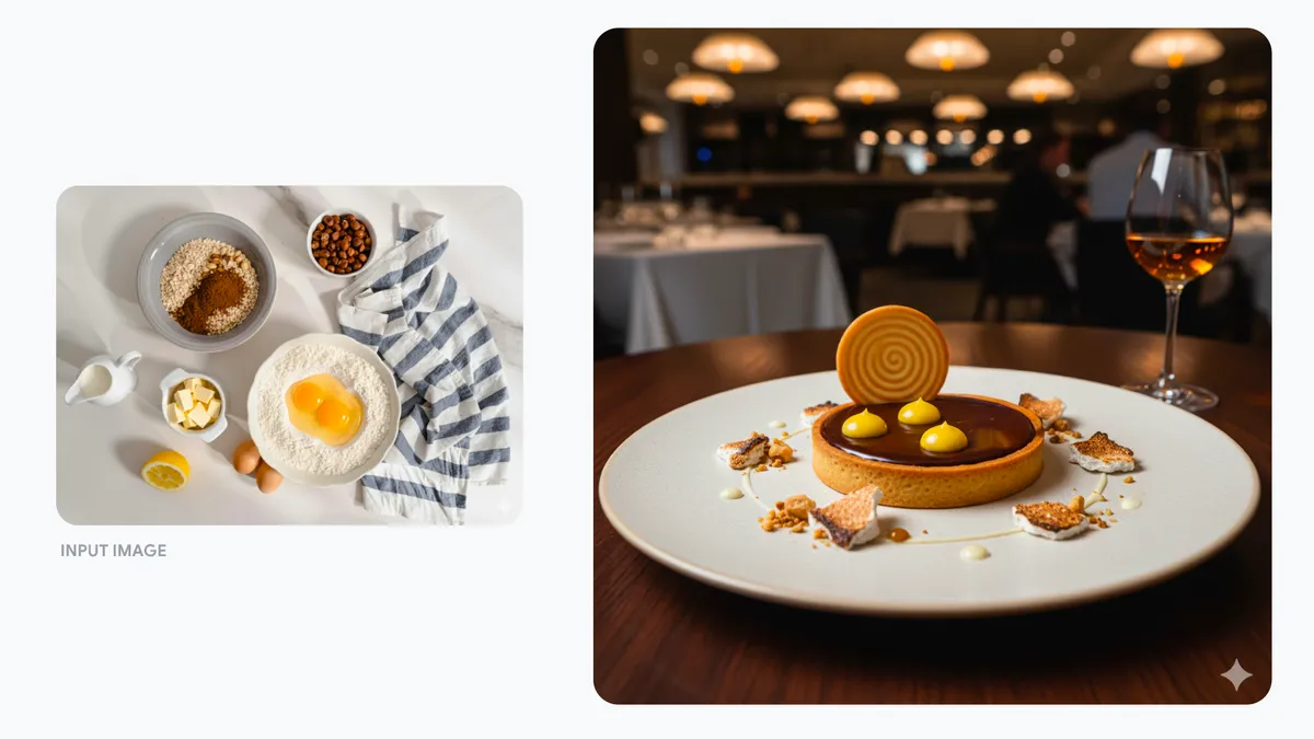Backzutaten neben einem fertigen Schokoladen-Zitronen-Dessert