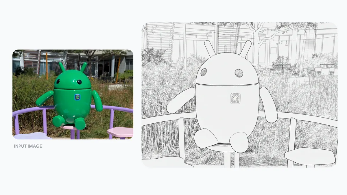 Foto einer Android-Figur neben ihrer Bleistiftskizzenversion