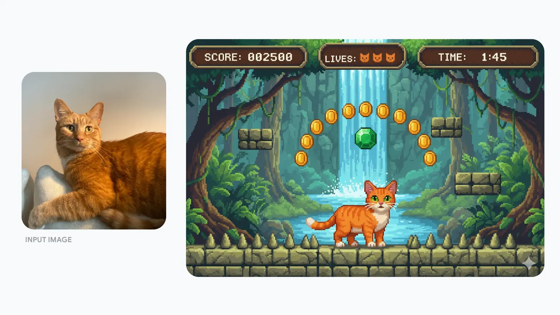 Orangefarbene Katze, die in eine Videospiel-Figur verwandelt wurde