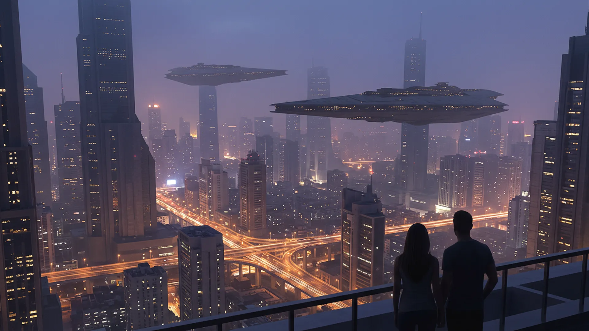 Futuristic cityscape with layered architectural detail